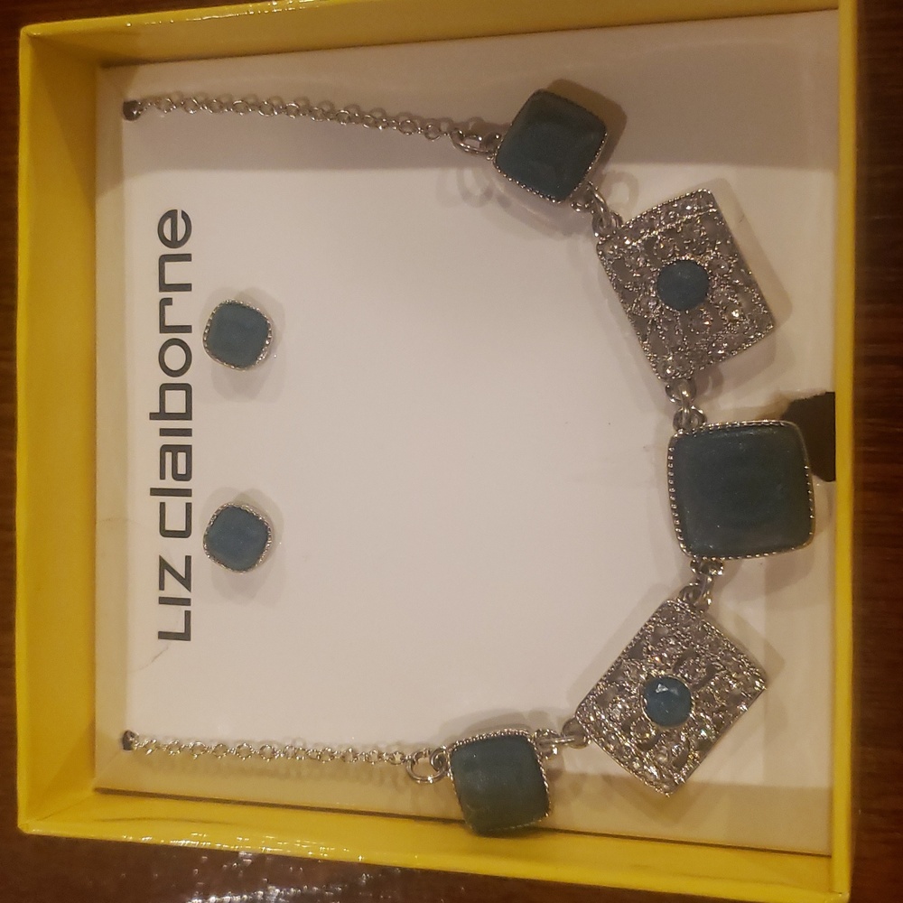Liz Claiborne Silver Tone and Teal Necklace And Earring Set